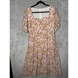 Pink Lily Dress Pink & Orange Flowers‎ Square Neckline Puff Sleeves  XL